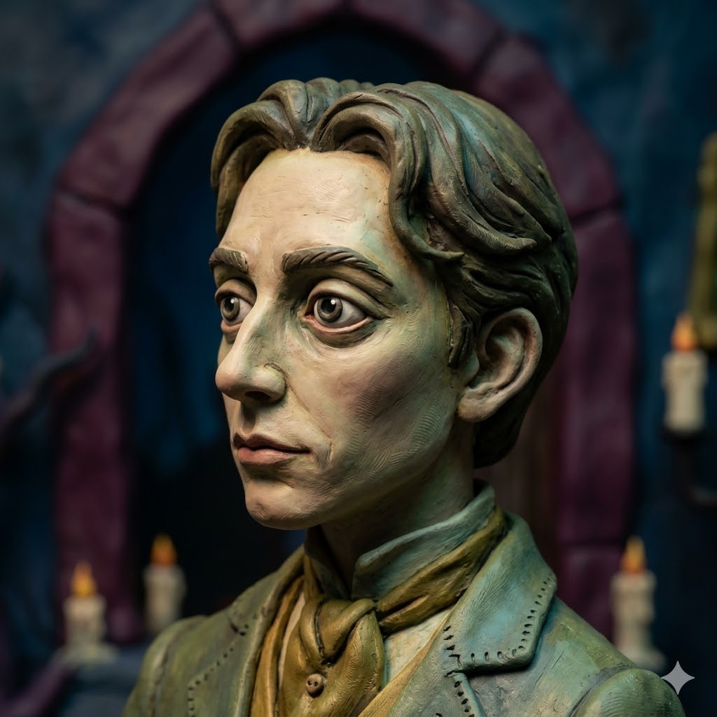 Um personagem de pele palida, cabelo preto e roupas pretas. Ele tem um sorriso sinistro no rosto.