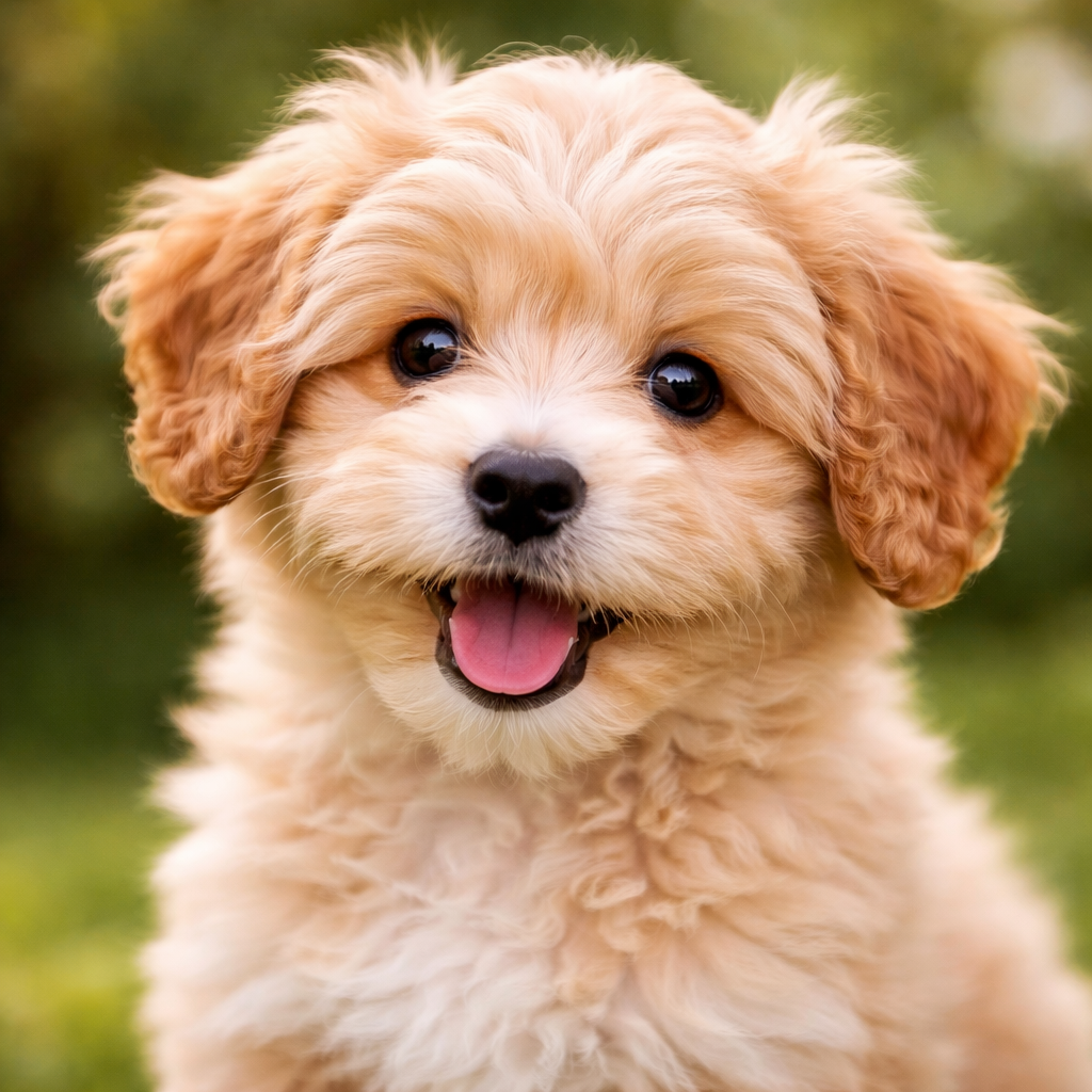 A foto traz um cachorro fofo com a língua de fora, ele tem pelo branco e marrom tom de camarelo.